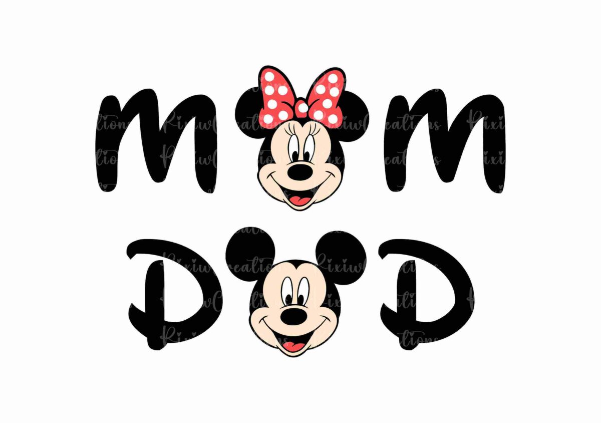 Alt Text: A graphic illustration with the words "mom" and "dad" featuring Minnie Mouse's face and bow in the word "mom" and Mickey Mouse's face in the word "dad.