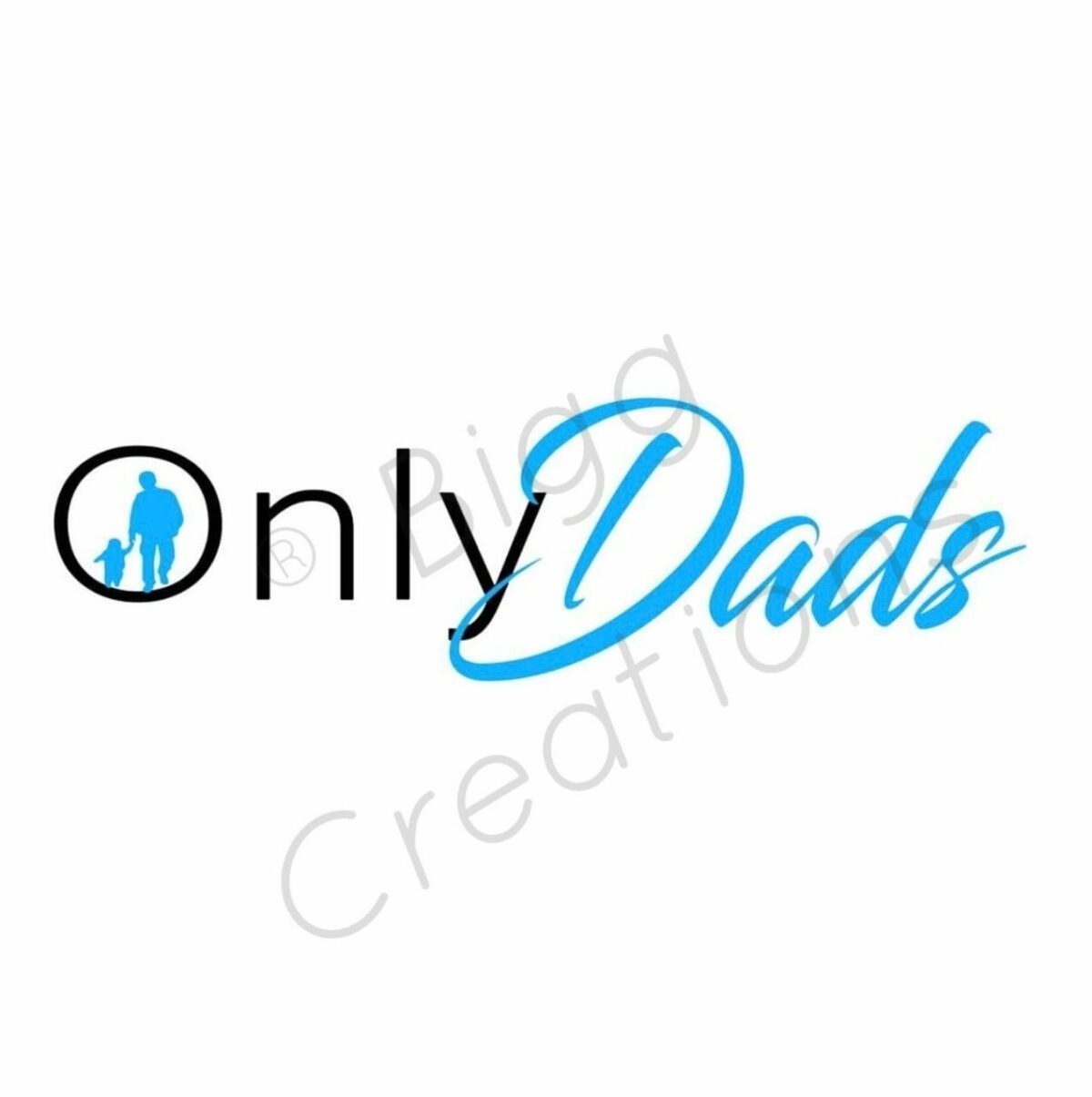 Logo with words "Only Dads" in a mix of black and blue text. The 'O' in "Only" features a silhouette of a man and child holding hands.