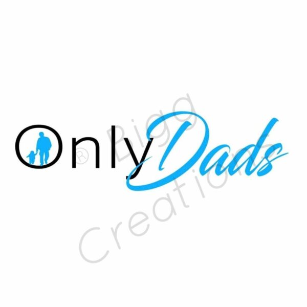 Logo with words "Only Dads" in a mix of black and blue text. The 'O' in "Only" features a silhouette of a man and child holding hands.