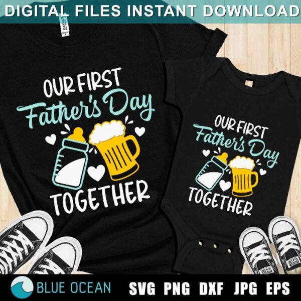 Black adult and baby outfits with the text "Our First Father's Day Together," accompanied by images of a baby bottle and a beer mug. Shoes and a logo labeled "Blue Ocean" are also visible.