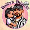 Alt Text: An illustration of a bearded man wearing jewelry and a striped shirt holding a child. Both have bandanas on their heads, and "Daddy's Princess" is written above them.