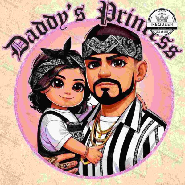 Alt Text: An illustration of a bearded man wearing jewelry and a striped shirt holding a child. Both have bandanas on their heads, and "Daddy's Princess" is written above them.