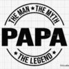 Circular emblem with the text "THE MAN THE MYTH" at the top, "PAPA" in bold in the center, and "THE LEGEND" at the bottom. The words are separated by stars on a grid background.