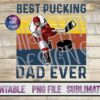 Hockey-themed design with the text "Best Pucking Dad Ever," featuring an ice hockey player in red and white gear skating toward a puck, on a background with horizontal stripes.