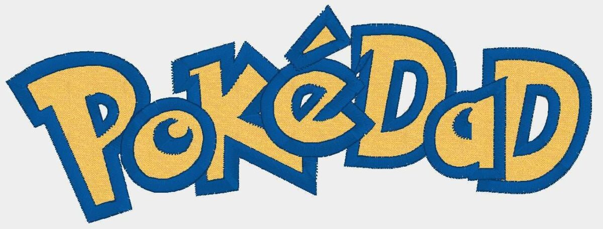 Logo with the word "PokeDad" in playful, stitched letters with a blue and yellow color scheme.