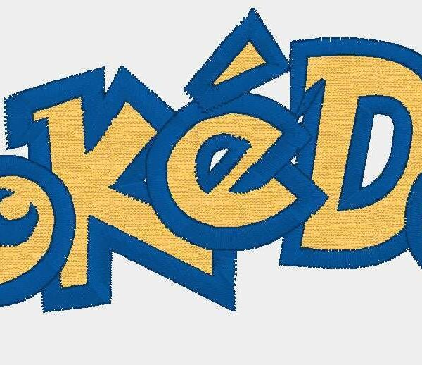 Logo with the word "PokeDad" in playful, stitched letters with a blue and yellow color scheme.