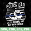 Alt Text: An illustration of a police badge with an American flag, handcuffs, and the text "Police Dad: Like a normal dad but with backup." File formats listed are SVG, PNG, EPS, and PDF.