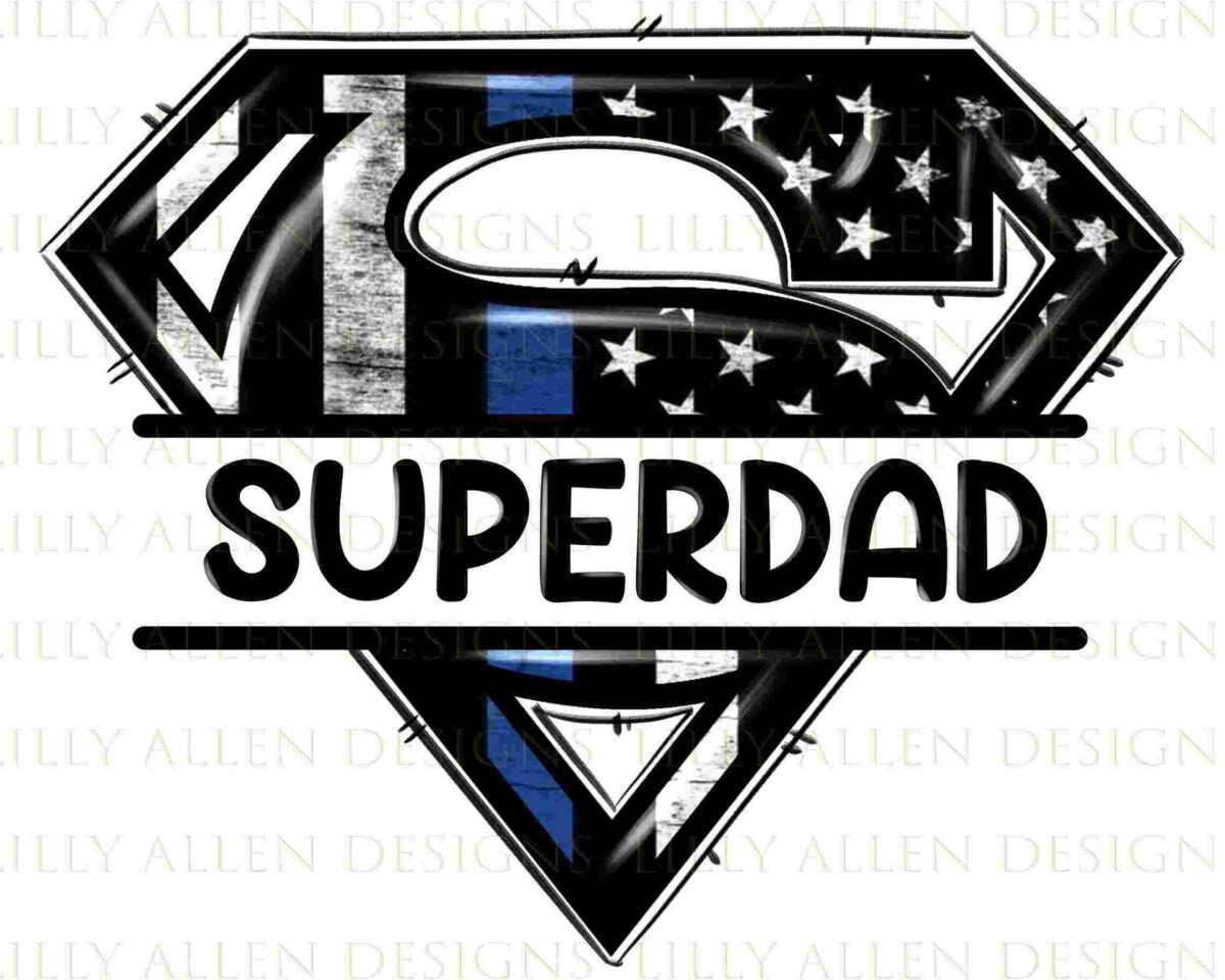 Superdad logo in the style of the Superman emblem, featuring a black and white American flag with a blue stripe.