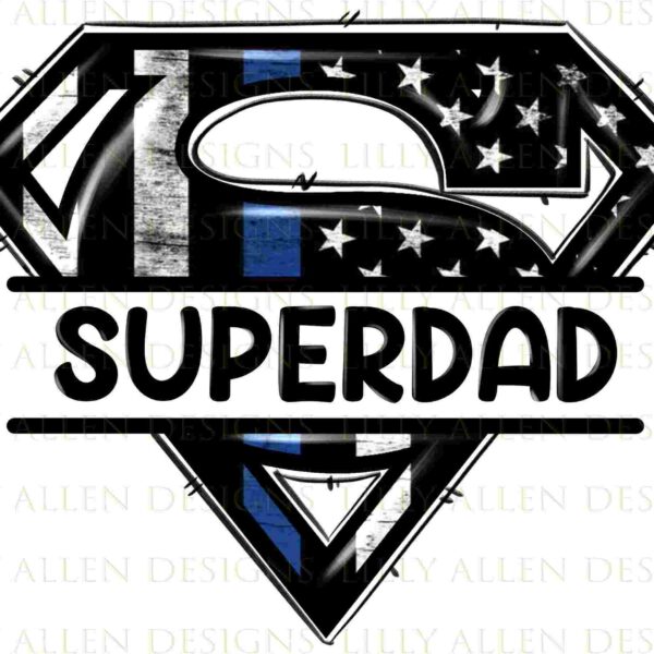 Superdad logo in the style of the Superman emblem, featuring a black and white American flag with a blue stripe.