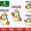 Illustrated avocados dressed as cowboys with text "PAPACADO." Includes four designs in different sizes. Text reads "SVG - PNG - PDF - JPG.