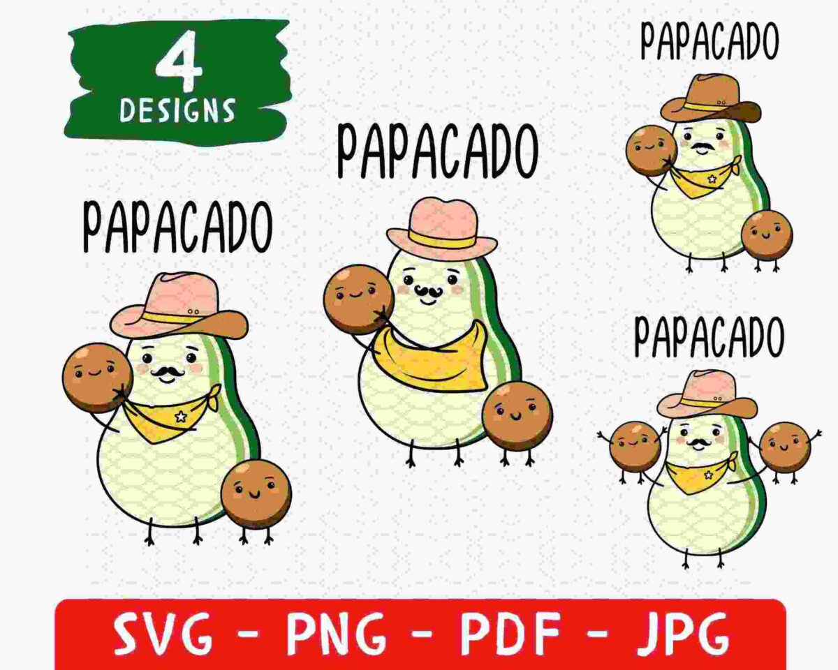Illustrated avocados dressed as cowboys with text "PAPACADO." Includes four designs in different sizes. Text reads "SVG - PNG - PDF - JPG.