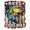 An image of a vibrant fish leaping out of water, set against an American flag background with stars and stripes. The text above the fish reads "REEL" and below it reads "COOL DAD," both in bold, stylized fonts.