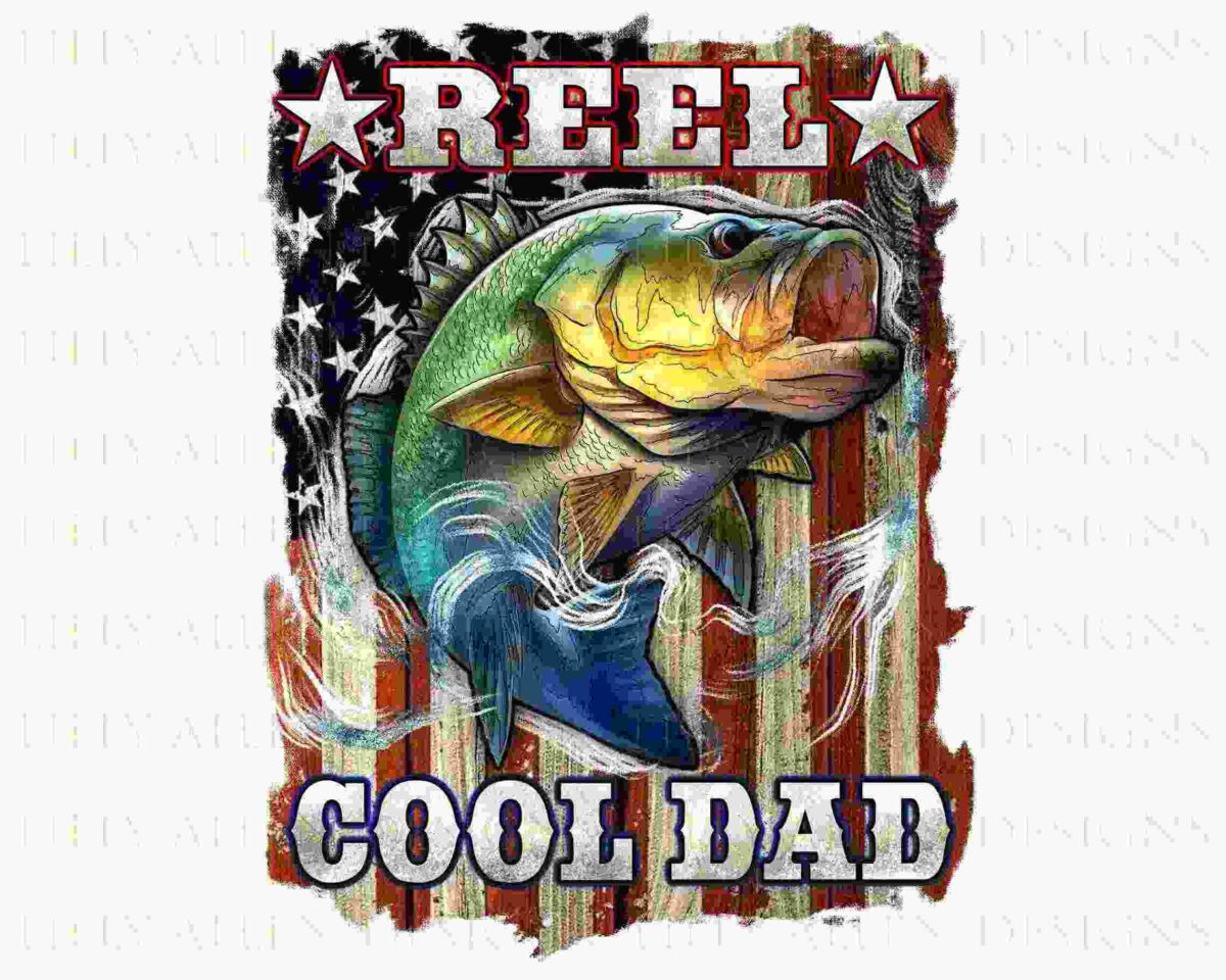 An image of a vibrant fish leaping out of water, set against an American flag background with stars and stripes. The text above the fish reads "REEL" and below it reads "COOL DAD," both in bold, stylized fonts.