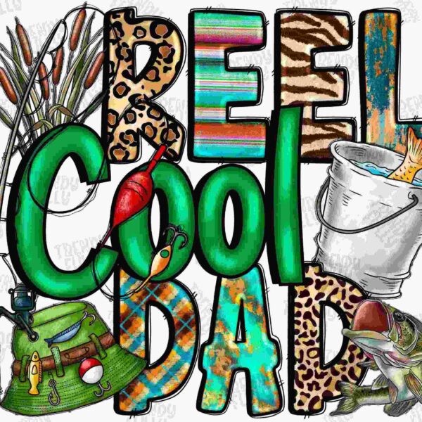 Alt Text: The image features the text "Reel Cool Dad" with letters decorated in various fishing and outdoors-themed patterns, including a fishing rod, fish, bucket, hat, and bait.