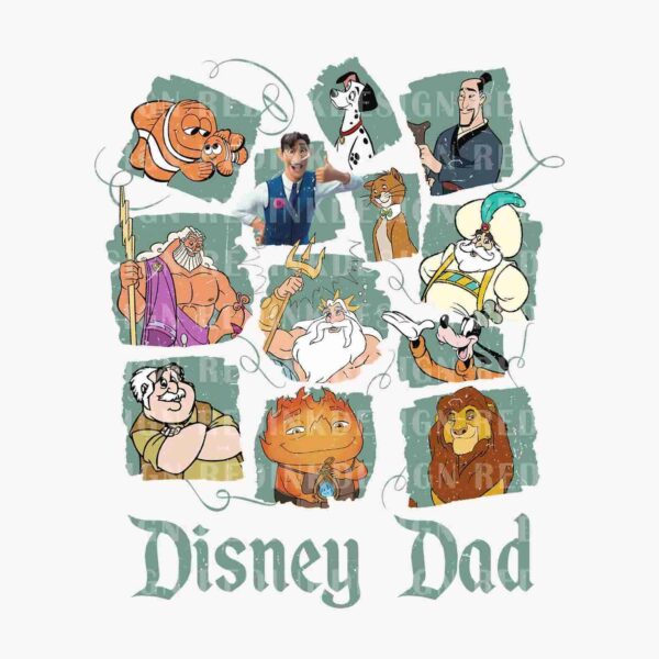 Collection of illustrated Disney father figures from various movies arranged in a grid, with the text "Disney Dad" at the bottom.