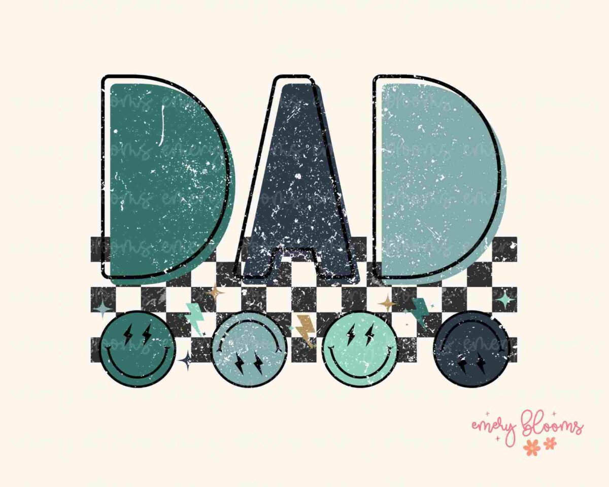 Stylized illustration of the word "DAD" with a distressed texture, featuring a checkered pattern and circular elements with lightning bolt symbols below. Signature "emery blooms" in lower right corner.