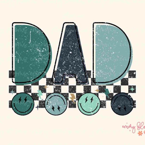 Stylized illustration of the word "DAD" with a distressed texture, featuring a checkered pattern and circular elements with lightning bolt symbols below. Signature "emery blooms" in lower right corner.