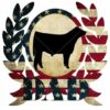 Silhouetted cow in the center of a laurel wreath with an American flag motif and the word "DAD" beneath.