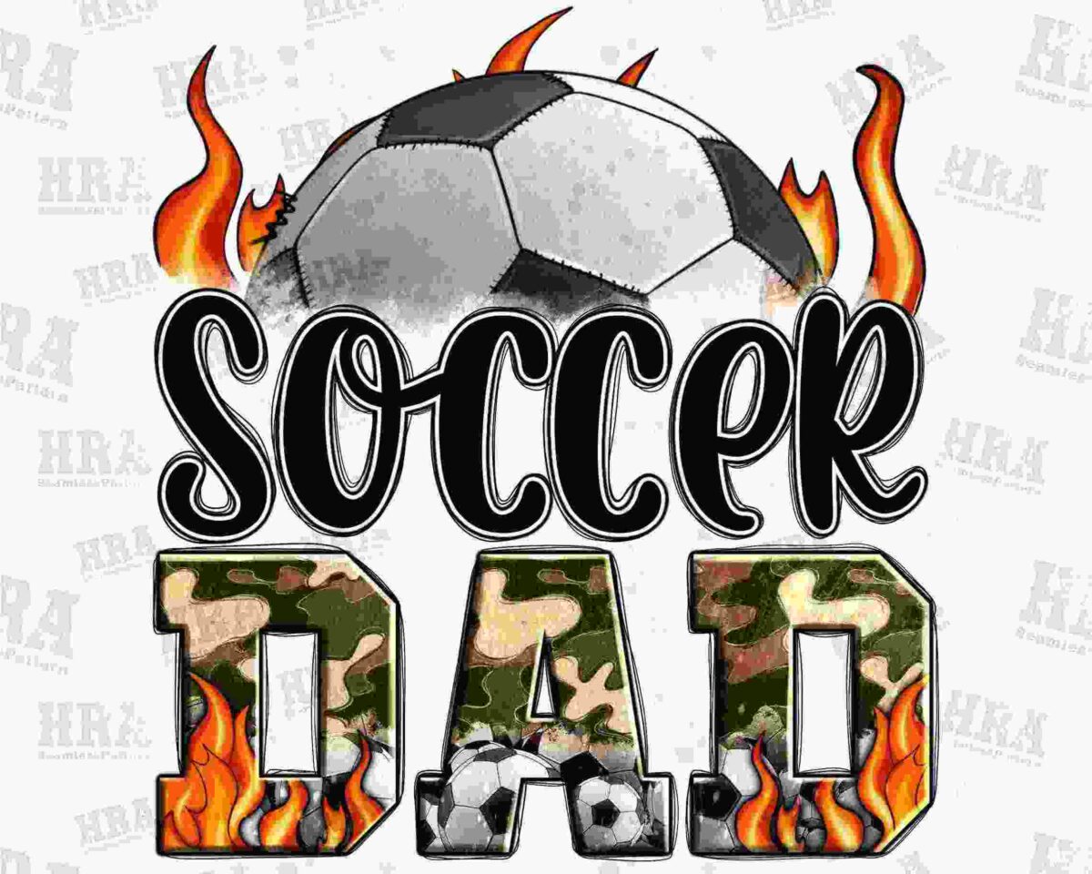 Illustration featuring the text "Soccer Dad" with a soccer ball in flames above. The word "Soccer" is written in a bold, black font, while "Dad" appears in a camouflage pattern with soccer balls and fire surrounding it, set against a gray background with faint text.