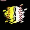 A graphic design featuring the word "DAD" in bold black letters on a yellow and white brushstroke background, flanked by two red baseball stitches on a black background.