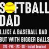 A graphic with the text "SOFTBALL DAD" featuring a softball for the 'O'. Below it reads, "1. LIKE A BASEBALL DAD BUT WITH BIGGER BALLS." At the bottom, there's a red banner stating "SVG - PNG - EPS - DXF - Instant Download.