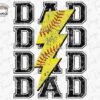 The image shows the word "DAD" written three times in a bold font, with a yellow lightning bolt featuring red baseball stitching cutting through the middle.