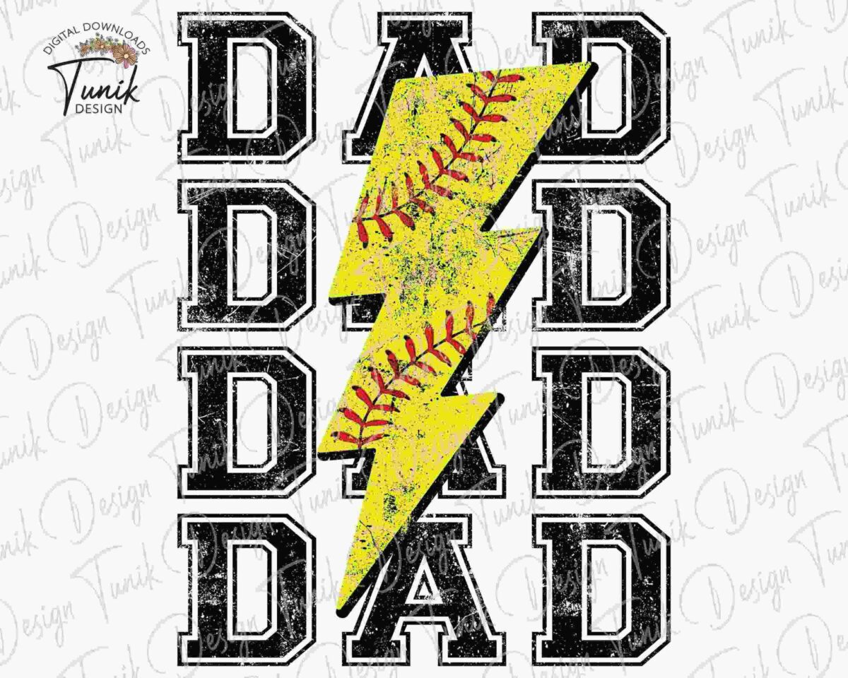 The image shows the word "DAD" written three times in a bold font, with a yellow lightning bolt featuring red baseball stitching cutting through the middle.