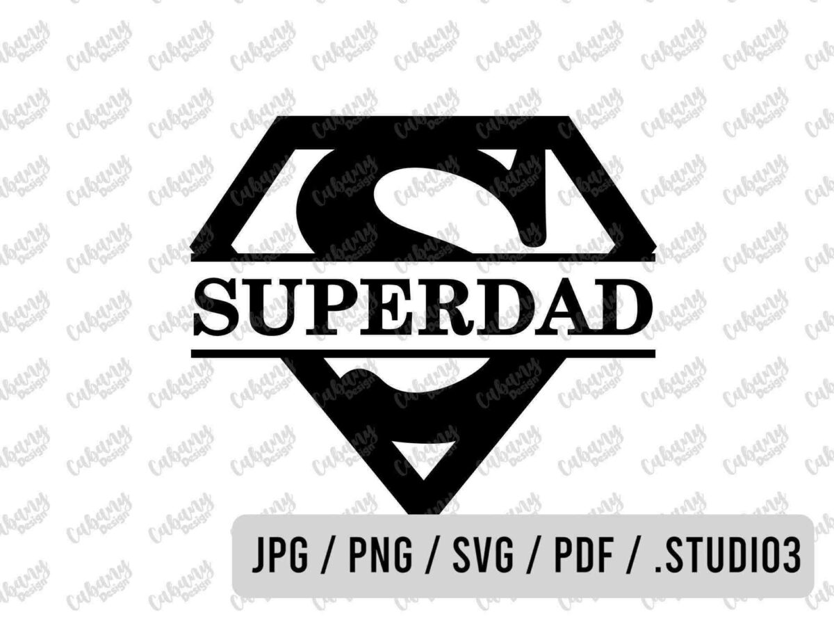 Black and white "Superdad" graphic with a Superman-style "S" shield. Available formats: JPG, PNG, SVG, PDF, .STUDIO3.