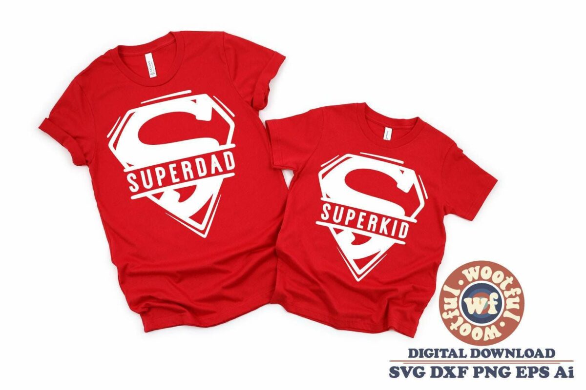 Alt Text: Two red T-shirts with white "Superdad" and "Superkid" designs are displayed. A logo and file format options are visible at the bottom right corner, indicating availability for digital download.