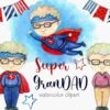 Watercolor illustration titled "Super Grandad" featuring three renditions of a character: two in superhero outfits with cape and one in casual attire. Decorative red and blue bunting hangs above.