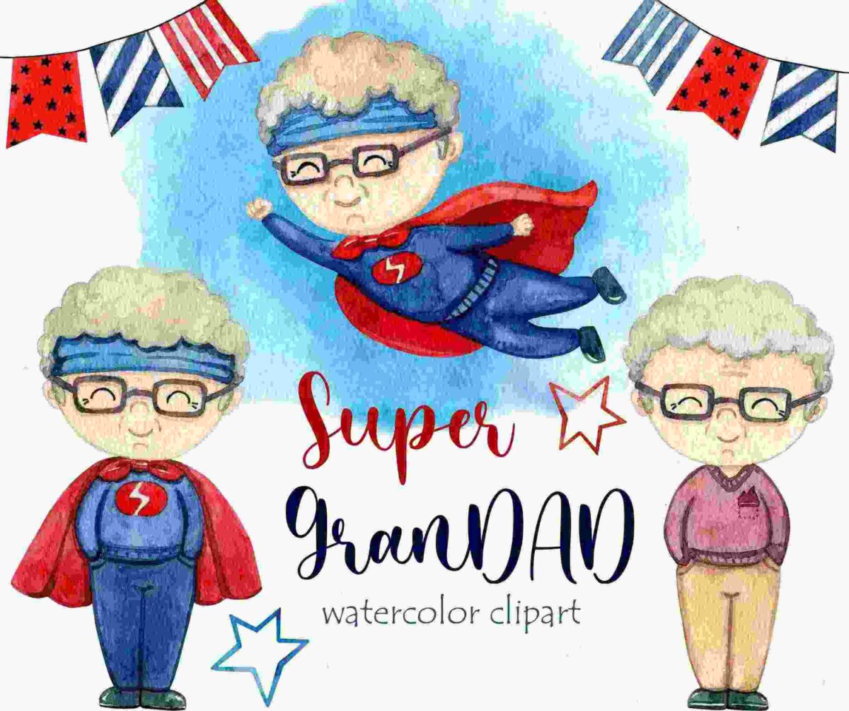 Watercolor illustration titled "Super Grandad" featuring three renditions of a character: two in superhero outfits with cape and one in casual attire. Decorative red and blue bunting hangs above.