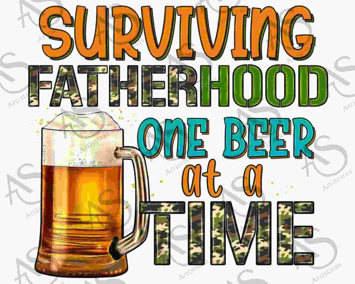 Illustration of a frothy beer mug with the text, "Surviving Fatherhood One Beer at a Time" in colorful, bold fonts.