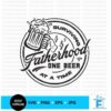 Black and white graphic with the text "Fatherhood: Surviving One Beer at a Time," featuring a hand holding a beer mug and lightning bolt accents. Download options include SVG, PNG, EPS, and JPG.