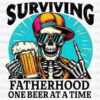 Illustration of a skeleton wearing a colorful cap and sunglasses, holding a beer mug with the text "Surviving Fatherhood: One Beer at a Time" in bold letters.