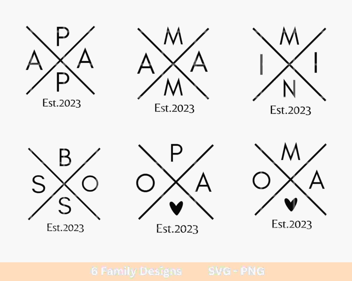 Six minimalist family design logos each featuring intersecting lines with initials and "Est. 2023" at the bottom, displayed in a 2x3 grid. Each logo has unique initials and a design element.