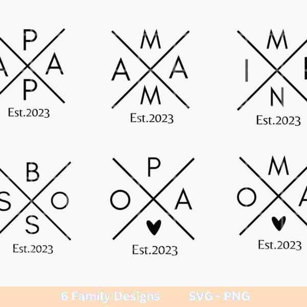 Six minimalist family design logos each featuring intersecting lines with initials and "Est. 2023" at the bottom, displayed in a 2x3 grid. Each logo has unique initials and a design element.