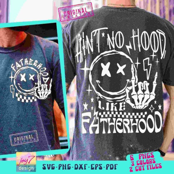 Person wearing a dark grey t-shirt with a graphic on the back depicting a distressed smiley face and the text "Ain't no hood like fatherhood.