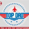 A logo with the text "Top Dad" in blue, featuring a red jet and wing design, surrounded by blue stars. Various file formats listed below for instant download.