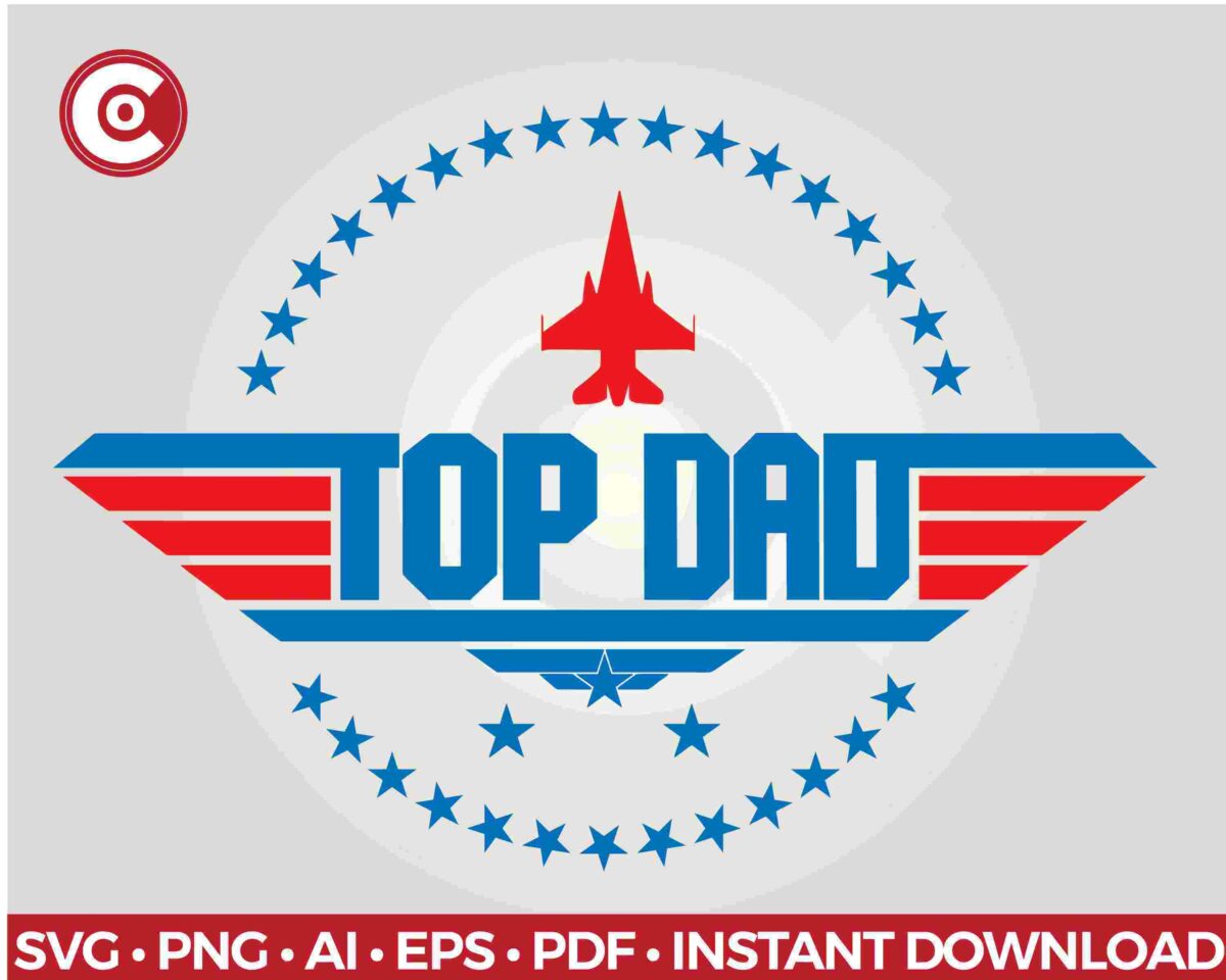 A logo with the text "Top Dad" in blue, featuring a red jet and wing design, surrounded by blue stars. Various file formats listed below for instant download.