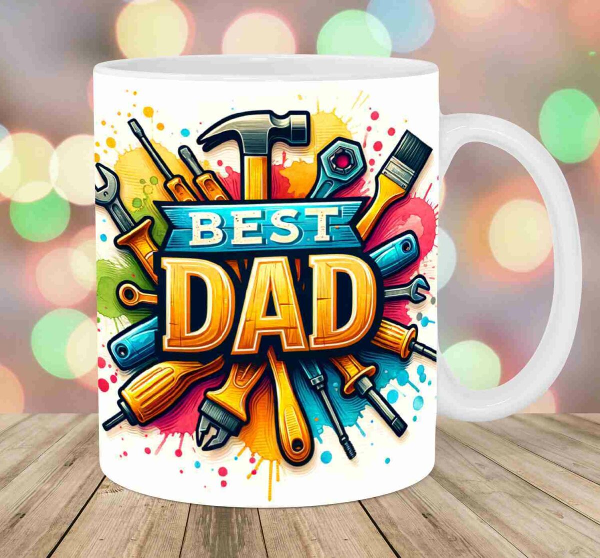 A white coffee mug with a colorful design featuring various tools and the text "Best Dad" prominently displayed in the center.