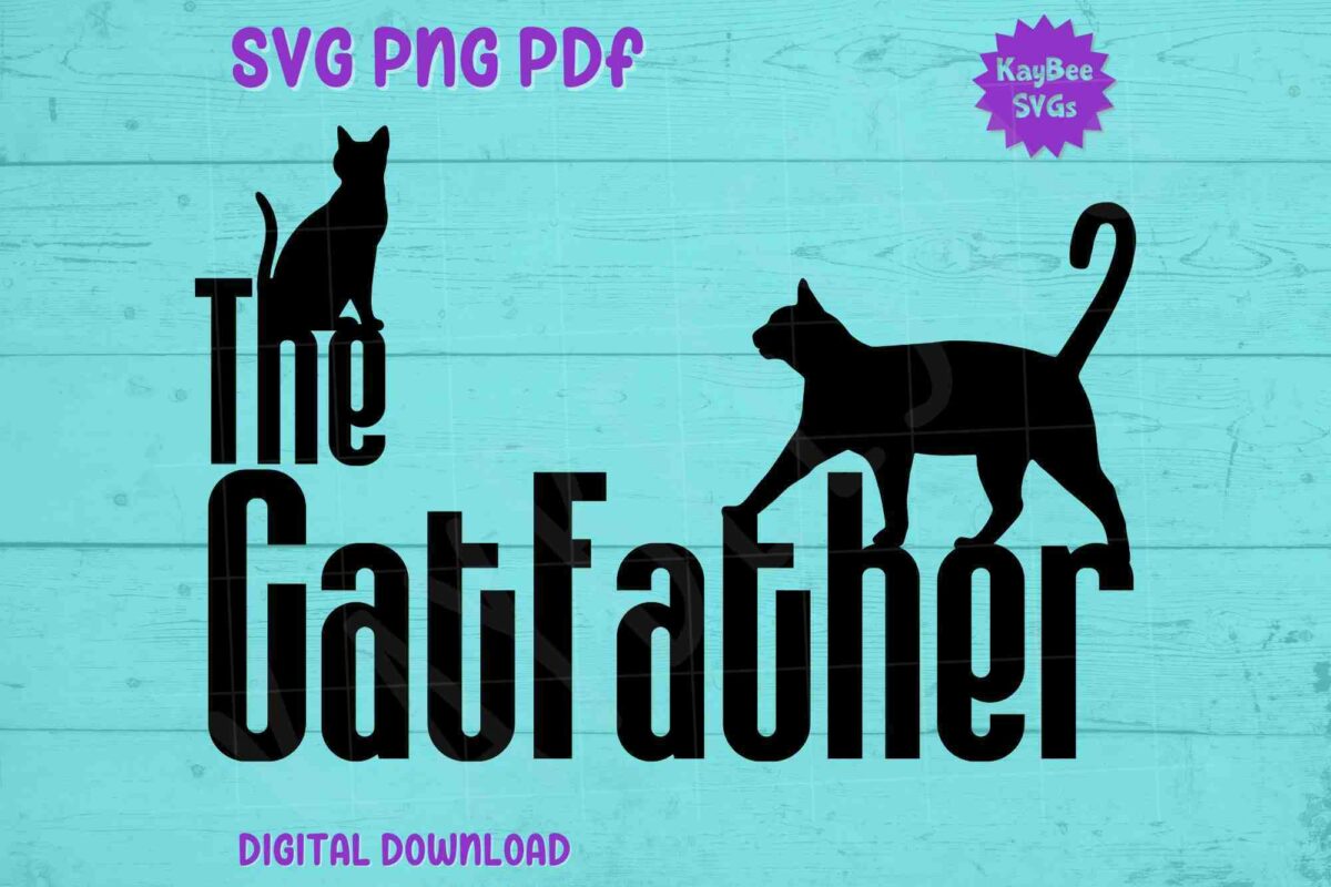 A teal background features the text "The CatFather" in bold, black letters with two black cat silhouettes positioned above and beside the text.