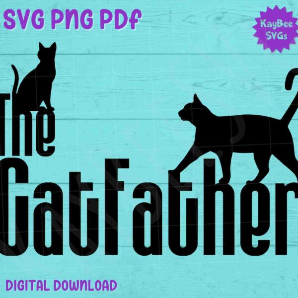 A teal background features the text "The CatFather" in bold, black letters with two black cat silhouettes positioned above and beside the text.