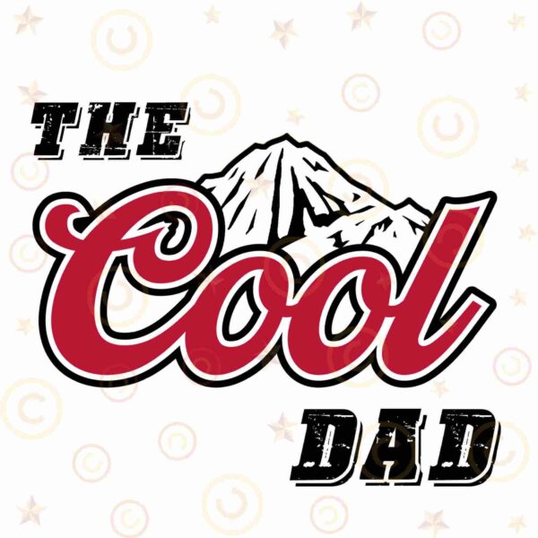 Text reading "The Cool Dad" in stylized font, with an illustration of a mountain in the background.