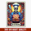 A graphic image of a skeletal chef titled "The Grillfather," holding grilling tools with burgers and seafood in the background. The text reads "300 DPI-High Quality.