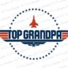 A graphic design with the text "Top Grandpa" in bold, decorated with red stripes, a silhouette of a jet, and surrounded by a circle of stars.