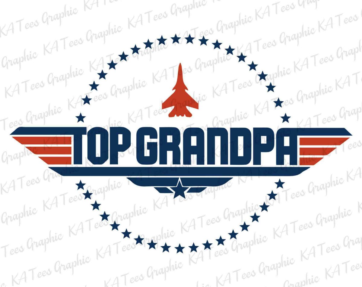 A graphic design with the text "Top Grandpa" in bold, decorated with red stripes, a silhouette of a jet, and surrounded by a circle of stars.