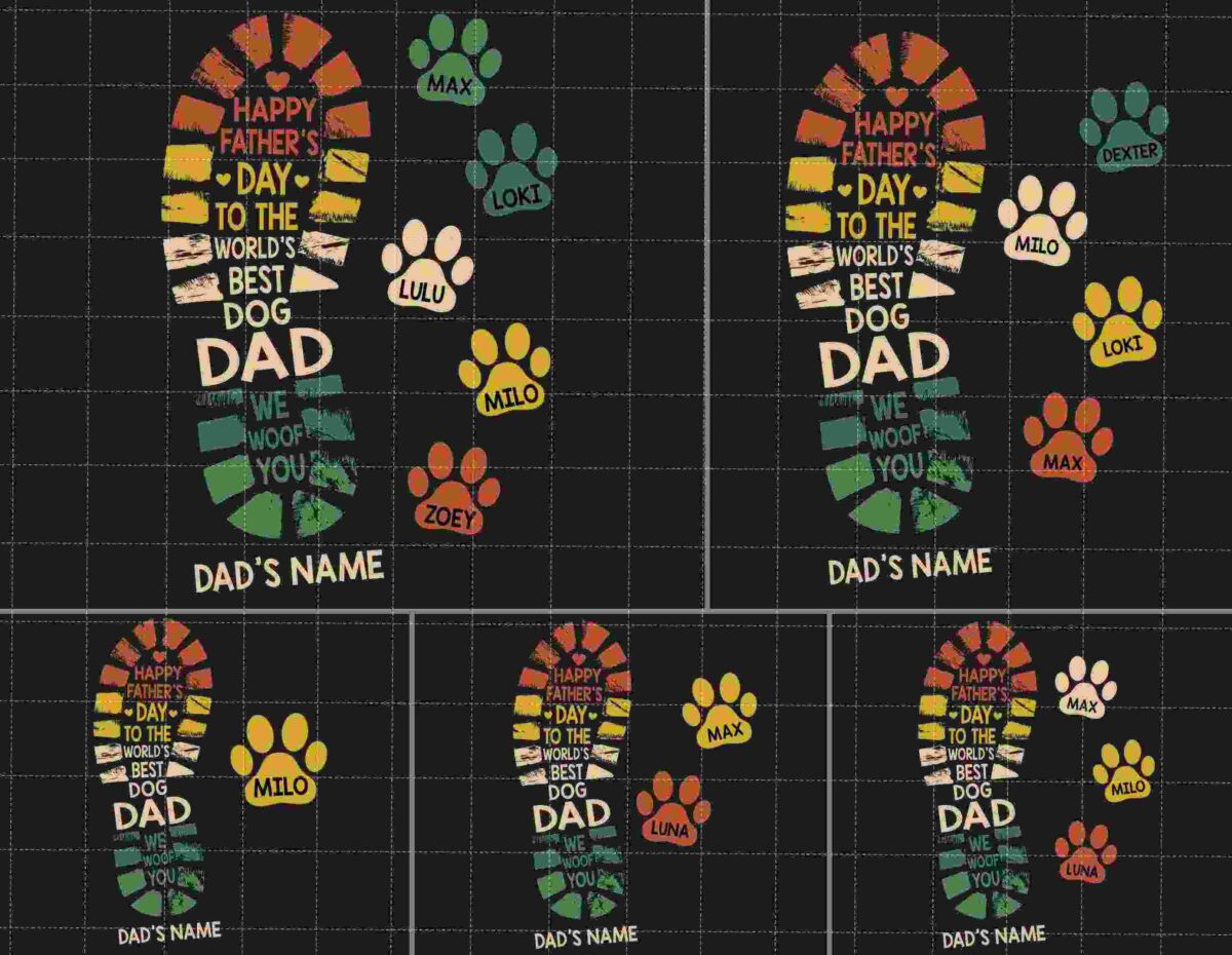 A collage of colorful boot prints with "Happy Father's Day to the world's best dog dad" text, decorated with various dog's paw prints and names against a black background.