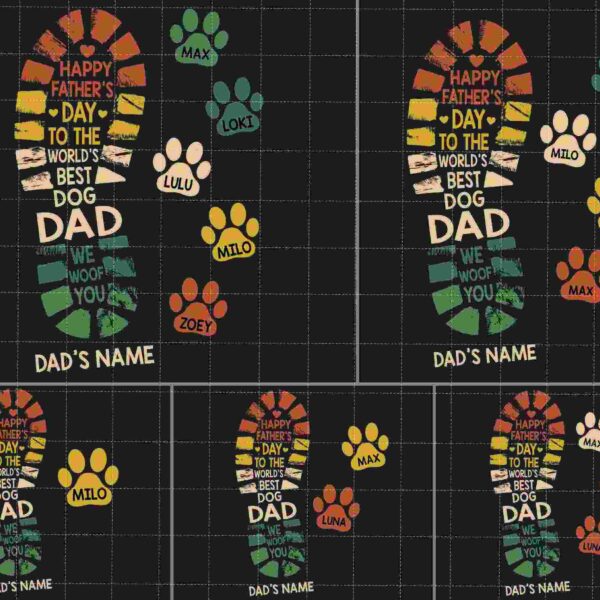 A collage of colorful boot prints with "Happy Father's Day to the world's best dog dad" text, decorated with various dog's paw prints and names against a black background.