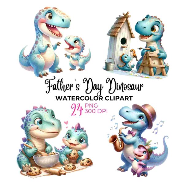 A collection of Father's Day-themed watercolor clipart featuring cartoon dinosaurs engaging in various activities. Includes 24 PNG files at 300 DPI.