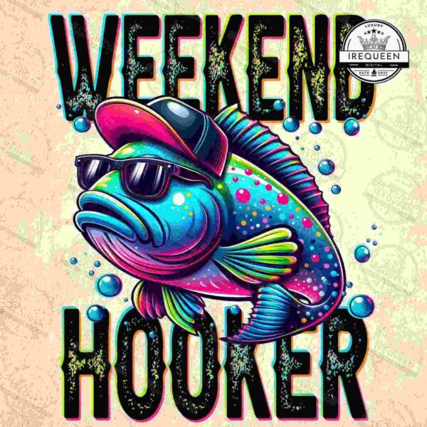 A colorful fish wearing sunglasses and a cap, with the text "Weekend Hooker" displayed above and below it. The background has a subtle logo pattern.